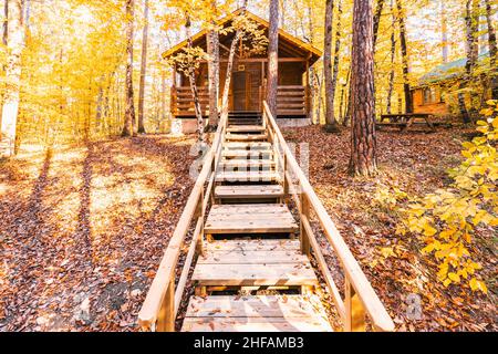 Wunderschöner Herbstblick mit Holzhaus. Stockfoto