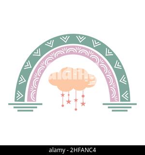 Die Komposition ist ein abstrakter Regenbogen mit einem Muster und einer Wolke im Boho-Stil. Stock Vektor