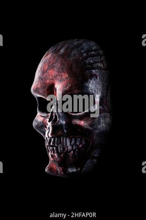 Menschlicher Schädel im Blut auf schwarzen Hintergrund mit Freistellungspfad isoliert Stockfoto