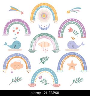 Set von Regenbogenwalen Blumen und andere Elemente in Boho Stil Farbe Vektor Illustration Stock Vektor
