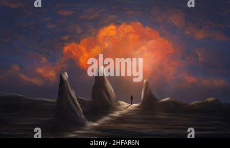 Mann, Wanderer, der auf dem Bergland mit Sonnenuntergang am Himmel steht. Digitale Malerei, Fantasy-Landschaft Stockfoto