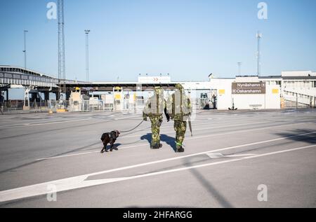 Visby, Schweden. 14th Januar 2022. VISBY 20220114Increased Militärpräsenz auf Gotland - Kampffahrzeuge im Hafen von Visby. Seit gestern patrouilliert die schwedische Armee im Hafen von Visby. Ein Dutzend Kampffahrzeuge tauchten in einer substanziellen Kraftdemonstration auf. Foto: Andreas Bardell/Afonbladet/TT /Kod 2512 **BETALBILD** Quelle: TT Nachrichtenagentur/Alamy Live News Stockfoto