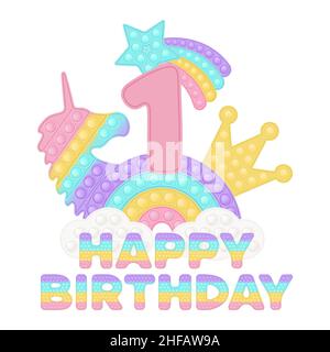 Happy 1st Birthday One Year Pop it Topper oder Sublimationsdruck für T-Shirt mit Stil ein modisches Silikon-Spielzeug für Fidgets. Rosa Zahl, Einhorn, Krähe Stock Vektor