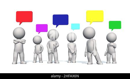 Kleine 3D Personen mit farbigen Sprechblasen - 3D Abbildung Stockfoto
