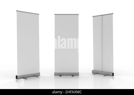 Roll-up-Banner Anzeige Econo, fotorealistisches 3D Render mit 3 Ansichten. Vorlage für Vorder- und Rückseite. Abbildung für Mockup. Stockfoto