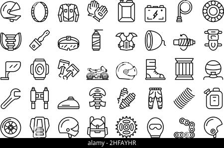 Symbole für Motorradausrüstung legen einen Umrissvektor fest. Helmjacke. Fahrradabdeckung Stock Vektor