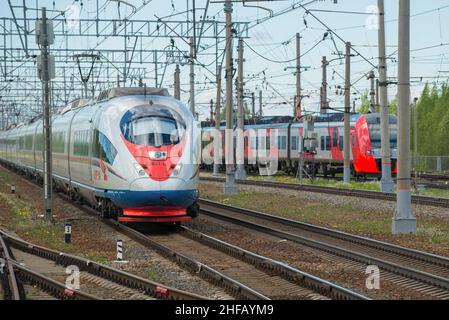 LENINGRAD, RUSSLAND - 24. MAI 2021: Hochgeschwindigkeitszug EVS1-10 'Sapsan' auf der Eisenbahnlinie an einem Mainachmittag. Oktober-Bahn Stockfoto