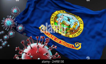 Idaho und covid Pandemie - Virus Angriff auf eine Staatsflagge von Idaho als Symbol für einen Kampf und Kampf mit der Virus-Pandemie in diesem Staat, 3D illustrr Stockfoto