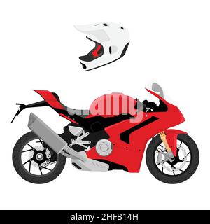 Rote Sport Bike Motorrad und Helm isoliert auf weißem Hintergrund. Vektor Stock Vektor