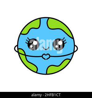 Cute Earth zeigt Herzform mit Händen. Cartoon Planet Erde lächelt mit dem Finger Herz Geste. Liebe Natur Dankbarkeit Konzept. Vektorkugel Stock Vektor