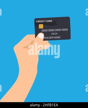 Menschliche Hand hält Kreditkarte isoliert auf blauem Hintergrund. Vektor Stock Vektor
