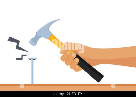 Mann hämmert in den Nagel isoliert auf weißem Hintergrund. Handhammer festhalten. Bau und Reparatur. Menschlicher Mechaniker mit Arbeitswerkzeugen. Vektor Stock Vektor