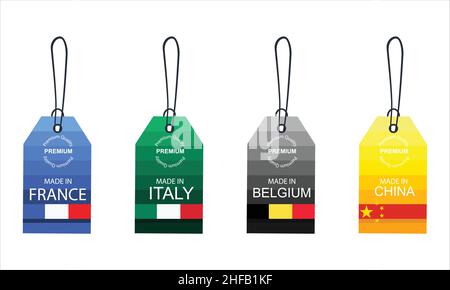Satz verschiedener Länderbezeichnungen. Hergestellt in Abzeichen mit Fahnen. Vektor Stock Vektor