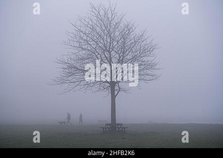 London, Großbritannien. 15. Januar 2022. Menschen in dichtem, eisigen Nebel heute Morgen auf Wimbledon Common, SW London. Das Met Office hat eine gelbe Wetterwarnung für Nebel in einigen Teilen Südostenglands mit schlechter Sicht herausgegeben.Quelle: amer ghazzal/Alamy Live News Stockfoto