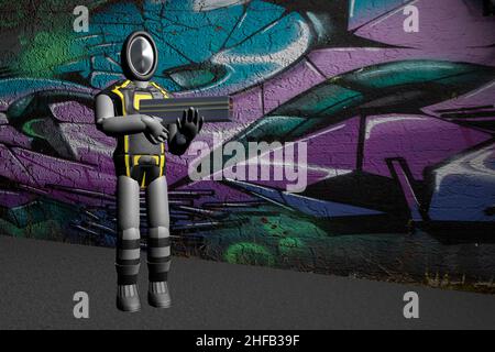 Soldat Roboter mit Gewehr in der Nähe einer Wand, 3D Rendering Stockfoto