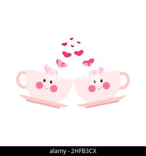 Zwei niedliche rosa Tassen mit Gesicht, Valentinstag. Vektor-Illustration im flachen Cartoon-Stil Stock Vektor