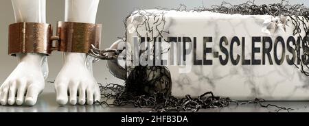 Multiple Sklerose, die gefangen, begrenzt das Leben, versklavt und bringt psychologisches Gewicht, symbolisiert durch einen schweren, verfallenden Stein mit dem Wort Multiple scler Stockfoto