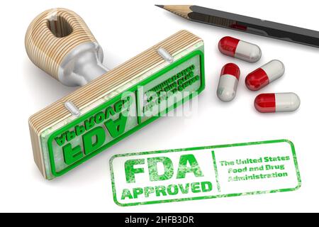 Grüner Stempel und ein von der FDA ZUGELASSENER Aufdruck auf weißer Oberfläche. Die FDA - U.S. Food and Drug Administration ist eine Bundesbehörde des US-Gesundheitsministeriums Stockfoto