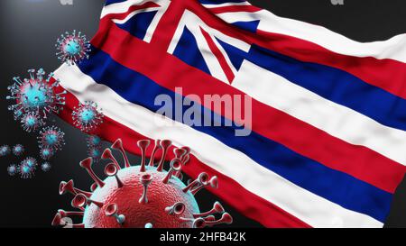 Hawaii und covid Pandemie - Virus Angriff auf eine Staatsflagge von Hawaii als Symbol für einen Kampf und Kampf mit der Virus-Pandemie in diesem Staat, 3D illus Stockfoto