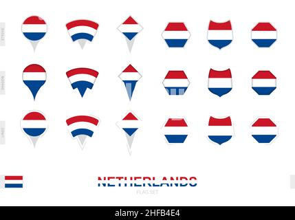 Sammlung der niederländischen Flagge in verschiedenen Formen und mit drei verschiedenen Effekten. Vektorflagge gesetzt. Stock Vektor