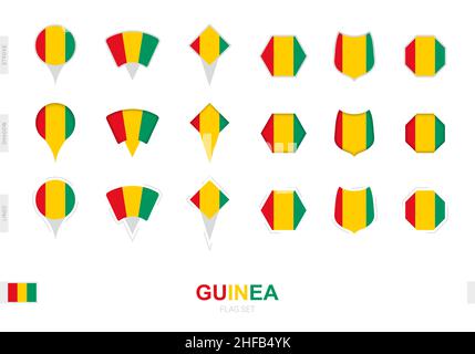 Sammlung der Guinea-Flagge in verschiedenen Formen und mit drei verschiedenen Effekten. Vektorflagge gesetzt. Stock Vektor