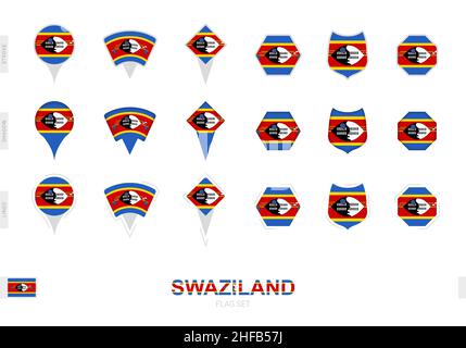 Sammlung der Swasiland-Flagge in verschiedenen Formen und mit drei verschiedenen Effekten. Vektorflagge gesetzt. Stock Vektor