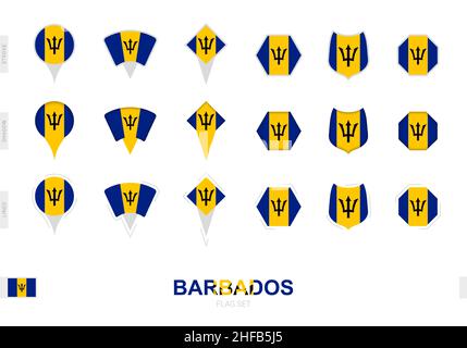 Kollektion der Barbados Flagge in verschiedenen Formen und mit drei verschiedenen Effekten. Vektorflagge gesetzt. Stock Vektor