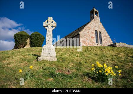 Linton Kirk, in der Nähe von Moreschlacht, Kelso, Scottish Borders. Mit einem keltischen Kreuz-Denkmal und Narzissen am ersten Apriltag. Stockfoto