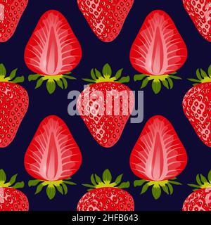 Schöner Hintergrund mit reifen roten Erdbeeren und Erdbeerscheiben auf dunkelblauem Hintergrund. Vektorabstraktion mit Erdbeeren. Obst Stock Vektor