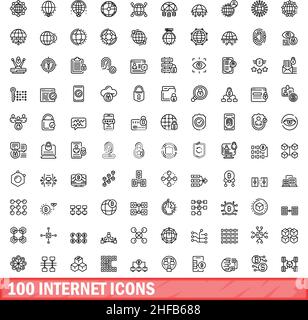 100 Internet-Symbole eingestellt. Skizzieren Sie die Darstellung von 100 Internet-Symbolen, die auf weißem Hintergrund isoliert sind Stock Vektor