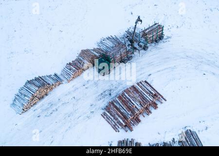 Verladen eines Holzladers neben einem Holzhaufen in Estland, Nordeuropa. Stockfoto