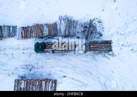 Verladen eines Holzladers neben einem Holzhaufen in Estland, Nordeuropa. Stockfoto