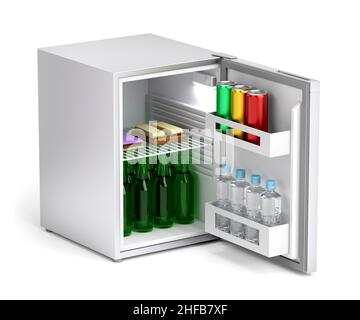 Silberner Minibar-Kühlschrank mit Getränken und Snacks Stockfoto