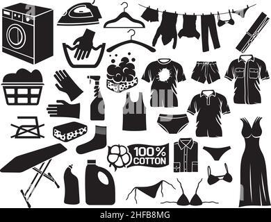 Symbole für Wäsche und Reinigung (Designelemente für Hausarbeiten, Seife mit Schaum, Waschmaschine, an Wäscheleine hängende Kleidung, Waschmittel) Stock Vektor