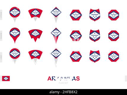 Sammlung der Arkansas Flagge in verschiedenen Formen und mit drei verschiedenen Effekten. Vektorflagge gesetzt. Stock Vektor