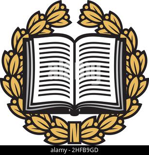 Buch und Lorbeerkranz öffnen (Schulsymbol). Vektorgrafik Stock Vektor