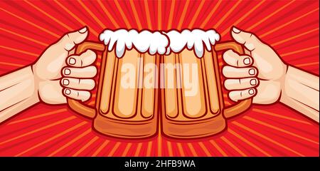 Zwei Hände Toasten Gläser Bier Vektor Illustration (Party Feier Design) Stock Vektor