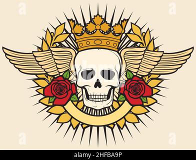 Totenkopf Tattoo Design (Krone, Lorbeerkranz, Flügel, Rosen und Banner). Vektorgrafik. Stock Vektor