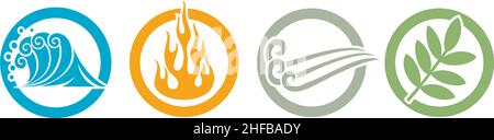Symbole von vier Elementen - Wasser, Feuer, Luft und Erde. Vektorgrafik. Stock Vektor