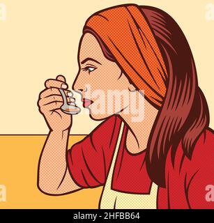 Frau in der Küche Pop Art Illustration (Mädchen probieren eine Suppe mit einem Löffel) Stock Vektor