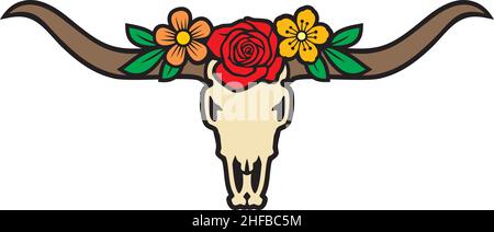 Longhorn Schädel und Blumen Vektor Illustration Stock Vektor