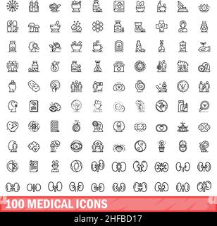 100 medizinische Symbole eingestellt. Skizzieren Sie die Darstellung von 100 medizinischen Symbolen, Vektorset isoliert auf weißem Hintergrund Stock Vektor