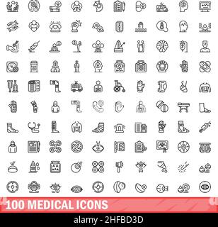 100 medizinische Symbole eingestellt. Skizzieren Sie die Darstellung von 100 medizinischen Symbolen, Vektorset isoliert auf weißem Hintergrund Stock Vektor