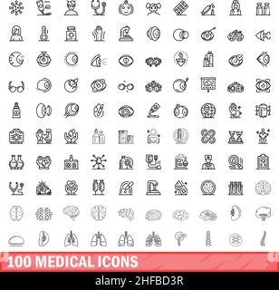 100 medizinische Symbole eingestellt. Skizzieren Sie die Darstellung von 100 medizinischen Symbolen, Vektorset isoliert auf weißem Hintergrund Stock Vektor
