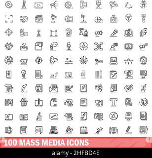 100 Symbole für Massenmedien eingestellt. Skizzieren Sie die Darstellung von 100 Symbolen für Massenmedien, die auf weißem Hintergrund isoliert sind Stock Vektor