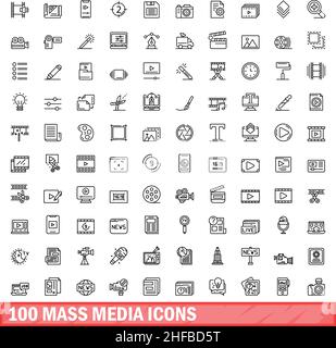 100 Symbole für Massenmedien eingestellt. Skizzieren Sie die Darstellung von 100 Symbolen für Massenmedien, die auf weißem Hintergrund isoliert sind Stock Vektor