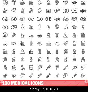 100 medizinische Symbole eingestellt. Skizzieren Sie die Darstellung von 100 medizinischen Symbolen, Vektorset isoliert auf weißem Hintergrund Stock Vektor