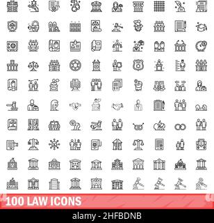 100 Symbole für Gesetze festgelegt. Skizzieren Sie die Darstellung von 100 Gesetzensymbolen, die auf weißem Hintergrund isoliert sind Stock Vektor