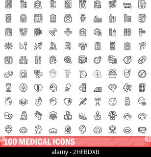 100 medizinische Symbole eingestellt. Skizzieren Sie die Darstellung von 100 medizinischen Symbolen, Vektorset isoliert auf weißem Hintergrund Stock Vektor
