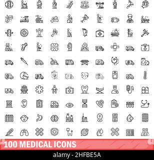 100 medizinische Symbole eingestellt. Skizzieren Sie die Darstellung von 100 medizinischen Symbolen, Vektorset isoliert auf weißem Hintergrund Stock Vektor